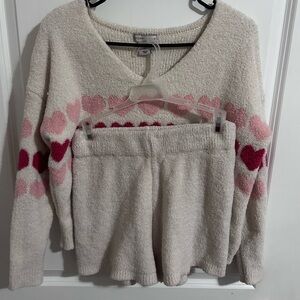 Sincerely Jules Cream and Pink Heart V-Neck Sweater Set